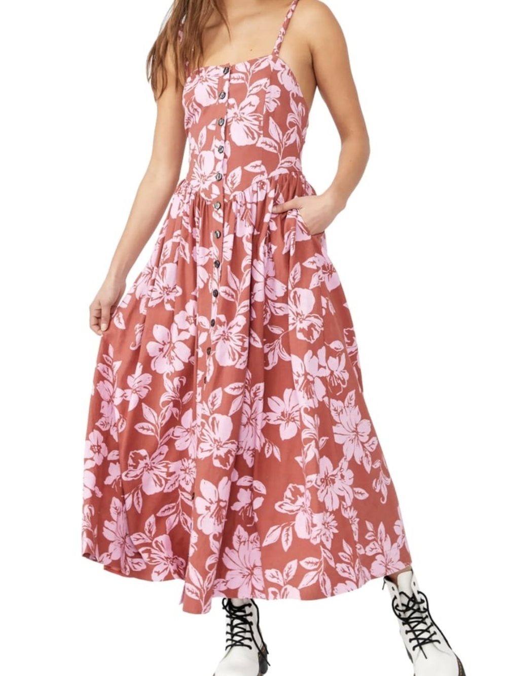 Free People Floral Button-Front Maxi Dress in Rose Pink